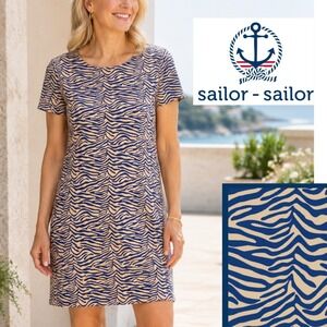 NWT, Sailor Sailor, Marina Dress Blue Tan Zebra Print Shift Dress Size Large
